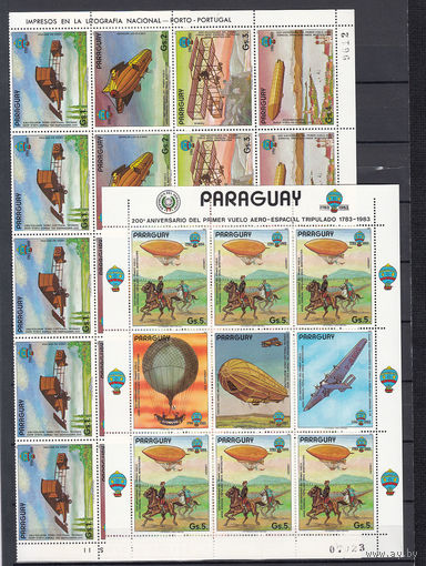 История авиации и воздухоплавания. Самолеты и дирижабли. Парагвай. 1984. Полный лист и малый лист. Michel N 3698-3704 (37,5 е)