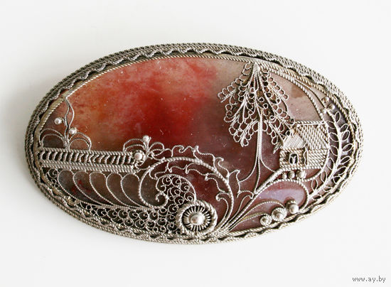 Брошь серебряная с камнем, скань, СССР, Москва, 1927-1946 гг. Шикарная работа, отличное состояние!