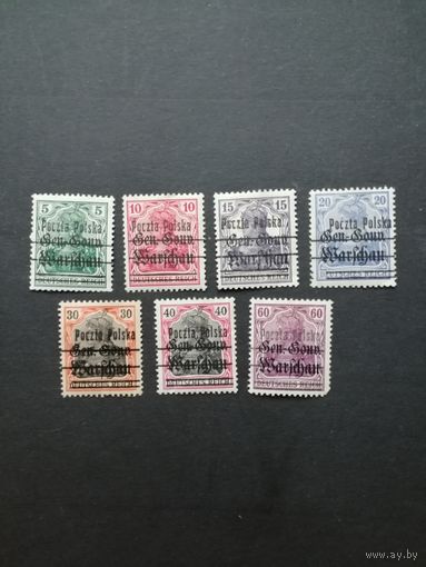 Польша 1918 Неполная серия марок с надпечаткой "Poczta Polska" на марках Германии выпуска 1914/1918 года (чистые* с наклейками) Mi.7-13 тип II (марка Mi.10 D) каталог 4.60 евро