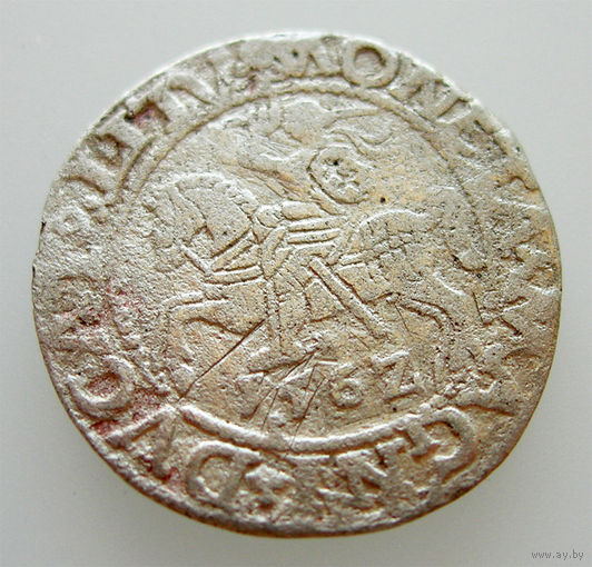 Полугрош 1562, Жигимонт Август, Вильно. Ав: окончание легенды - L, Рв: хвост Погони вниз, окончание легенды - LITV