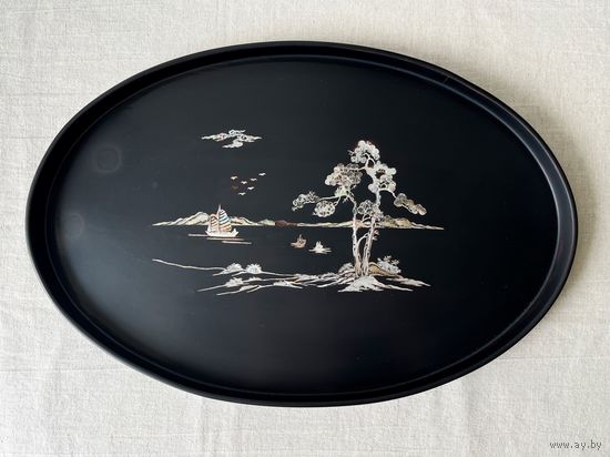 Поднос Китай инкрустация перламутр 40х26см шинуазри черный лак