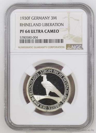 Германия.Веймарская республика. 3 марки 1930 F. слаб NGC PF64 Ultra Cameo