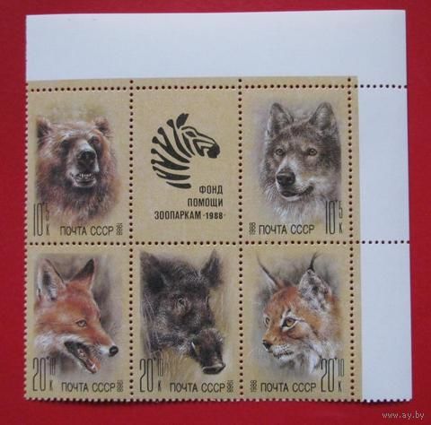 Марка СССР 1988 год. Животные зоопарка. 5995-5999. Сцепка из 5 марок+1 купон.