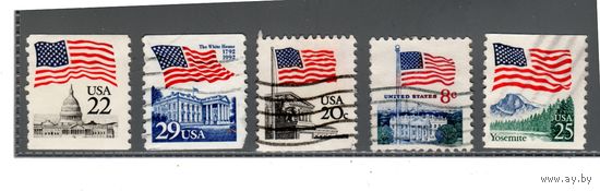 США.Ми-1738,1978,2213. Флаг над Белом Домом Серия: 1991-1994 Регулярный выпуск.Флаг над Йосемити Серия: 1987-1988 Регулярный выпуск.Флаг над Капитолием Серия: 1985 Регулярный выпуск.