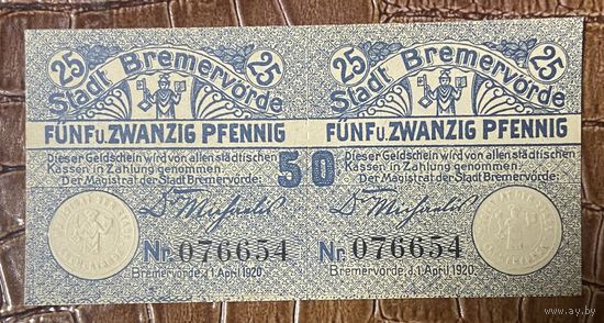 Нотгельд 2 х 25 пфеннигов 1920 год. Бремерфёрд. Веймарская республика
