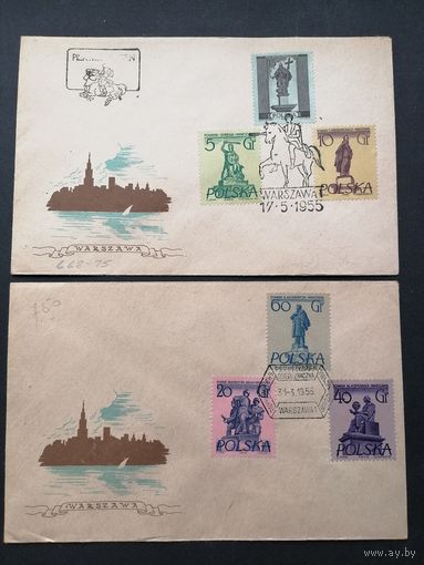 Польша 1955 Три КПД с полной серией марок "Памятники Варшавы" (спецгашение) марки Mi.907-914 каталог 10.00 евро