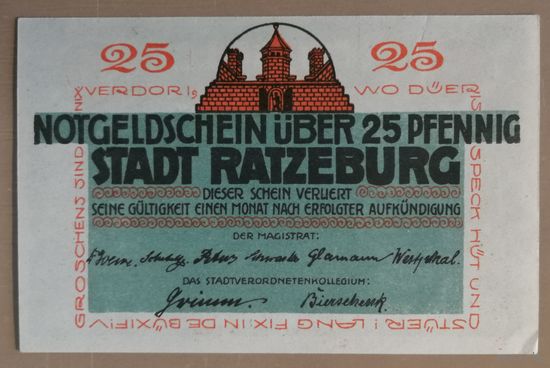 Германия, нотгельды, 25 пфеннигов 1921 год, Ратцебург (Ratzeburg), 1101.1, B2
