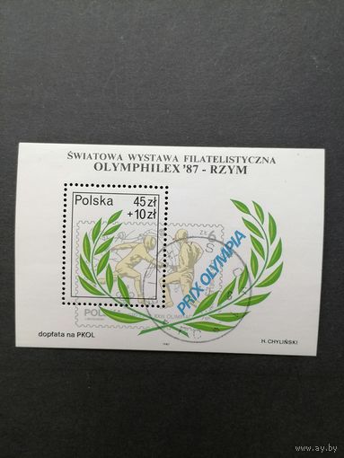 Польша 1987 Блок Mi.104 с маркой "Международная филателистическая выставка "OLYMPHILEX-87" в Риме" (гашение с клеем) Mi.3112 каталог 1.20 евро