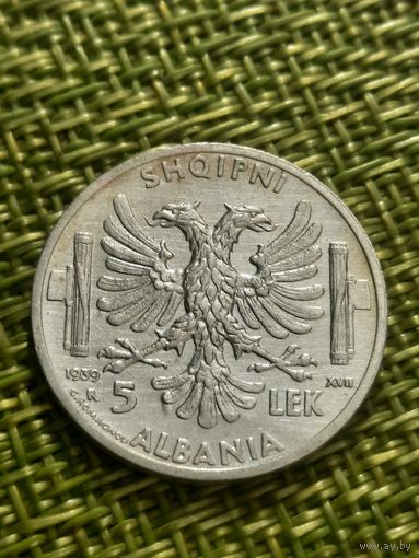 Албания 5 лек 1939 г ( Витторио Эмануэле lll Итальянская Оккупация Серебро )