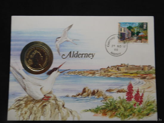 10 пенсов 1988 Гернси, Олдерни Великобритания, птицы животные фауна конверт первого дня КПД