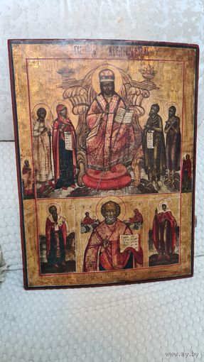 Икона живописная Многочасник Спас на троне ,Николай Чудотворец 19 век .
