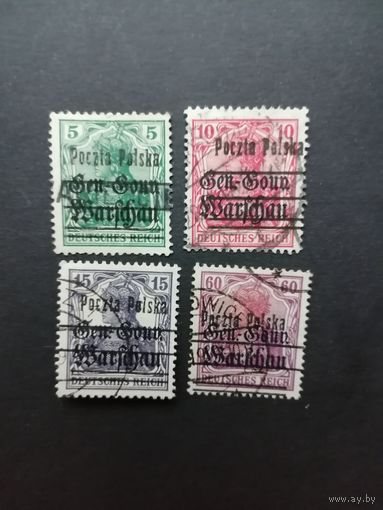 Польша 1918 Неполная серия марок с надпечаткой "Poczta Polska" на марках Германии выпуска 1914/1918 года (гашеные с наклейками) Mi.7-9,13 тип II каталог 1.90 евро