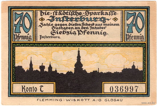 Восточная Пруссия, Инстербург (Черняховск), нотгельд 70 пфеннигов, 1922 г., aUNC, не частые