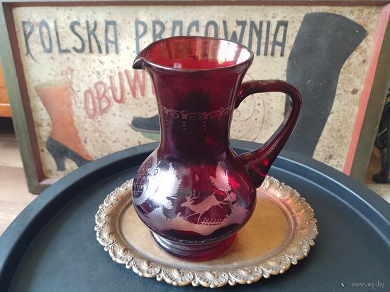 Антикварный кувшин Германия, ручная выдувка, двухслойное стекло, резьба