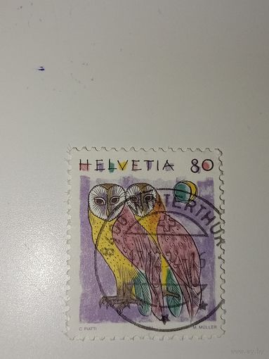Марка Швейцария 1991 год две сипухи