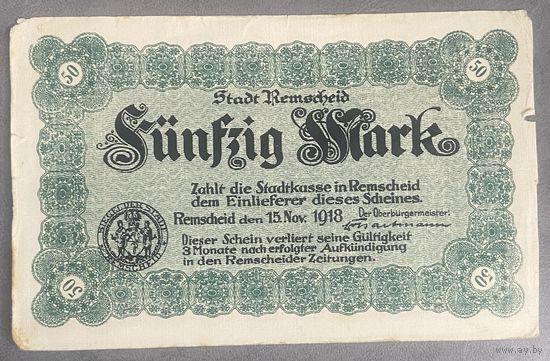 Банкнота 50 марок. 1918 год. Ремшайд. Веймарская республика.