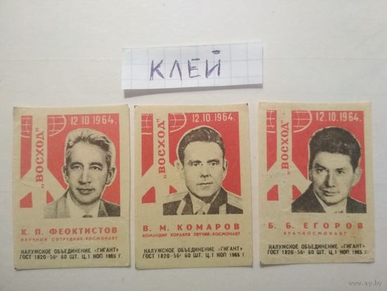 Спичечные этикетки ф.Гигант. Экипаж космического корабля "Восход" 1965 год