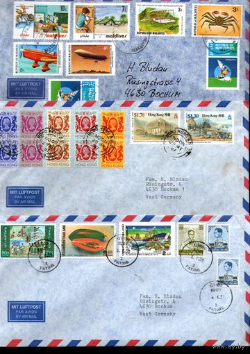 Авиапочта.Три конверта с марками Гонк-Конга,Таиланда и Мальдив.