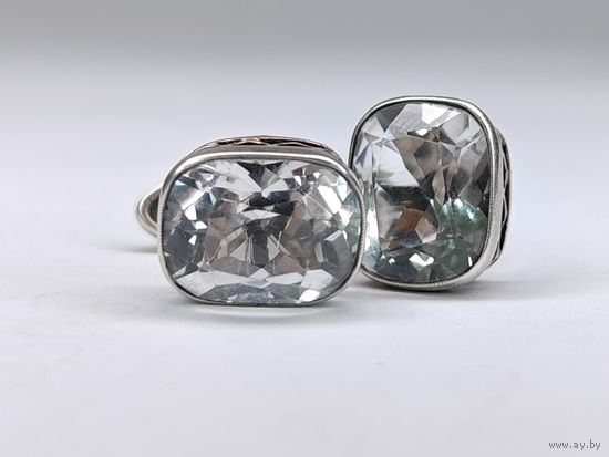 Серебряные запонки 875 пр. Горный хрусталь. СССР.
