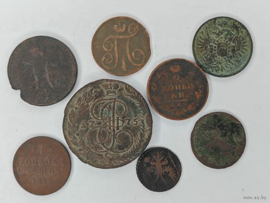 Монета 5 копеек 1775, 1, 2 копейки серебром. 1, 2 кпейки. Одним лотом 8 монет. С рубля