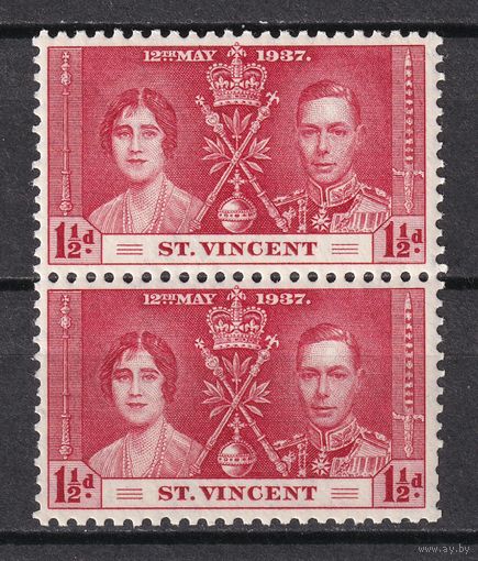 26.BrKS. Великобритания. Колонии.  Сент Винсент. Коронация Георга VI и Елизаветы. 1937 г. 1 1/2P. Mi.#117. MNH. Пара.