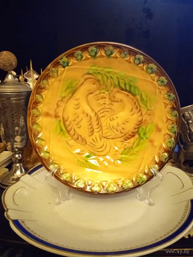 Тарелка винтажная ЗиК "Павлины" обливная керамика