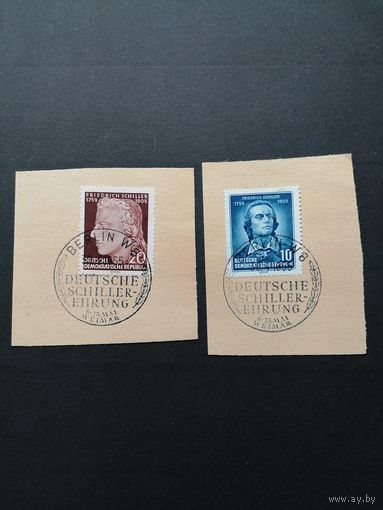 ГДР 1955 Две вырезки марок серии (неполная) "Год Шиллера. К 150-летию со дня смерти Фридриха Шиллера" (спецгашение) Mi.464а-466а каталог 1.60 евро