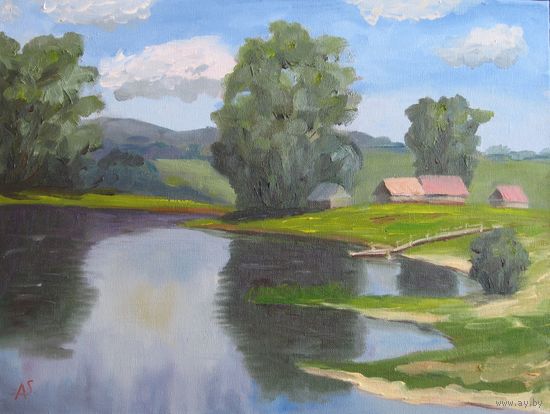 Картина маслом "У реки". Холст на картоне 40х30 см
