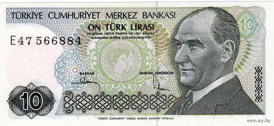 Турция, 10 лир, 1970 г., P-193(2), UNC