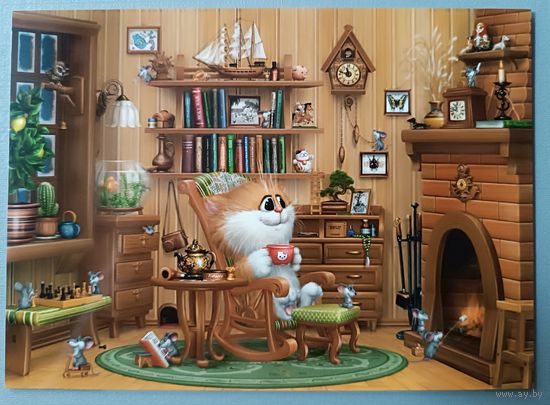 Вечернее чаепитие...Котики Алексея Долотова. Открытка, глянец