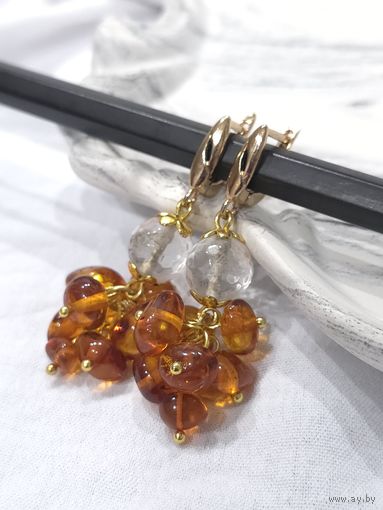 Серьги с медовый янтарем и горным хрусталем