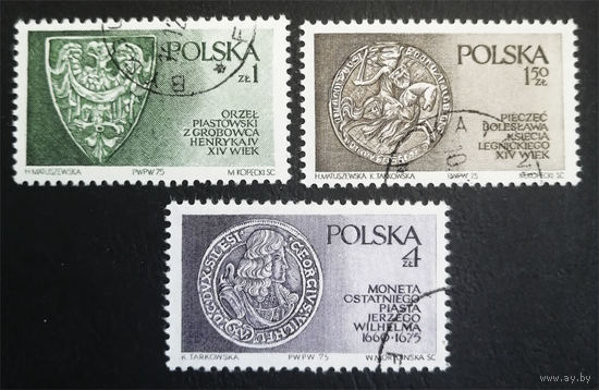 Польша 1975 г. Династия Пястов в Силезии. Известные люди. Герб. Монета, полная серия из 3 марок #0117-Л1P7
