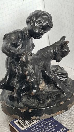С 1 РУБЛЯ ! СТАТУЭТКА ДЕТИ ДЕТСТВО ДЕВОЧКА ШКОЛЬНИЦА И КОЗЛЁНОК КАСЛИ КУСА ЧУГУННОЕ ЛИТЬЁ СССР