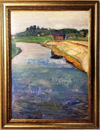 Крохалев П.С (Крохолев)68/49см; "Вечер на реке Бобр", 1974г. Картон, масло.