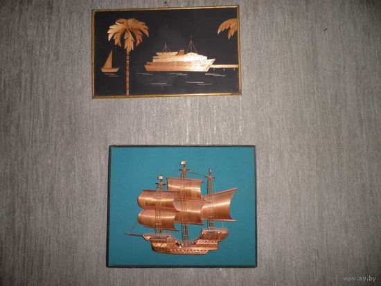 Картины-панно 2 шт.,корабли техника-соломка,70-е г.СССР.С рубля.