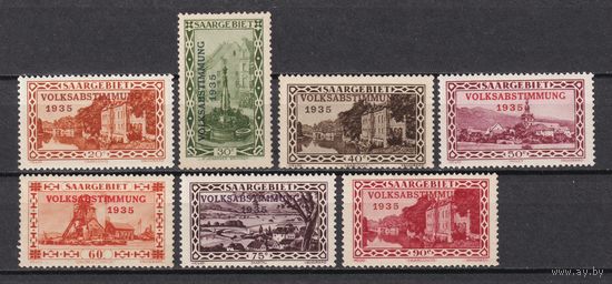 17.DS. Германия. Саар. Местные мотивы. Надпечатка Референдум 1935 года. 1934 г. Mi.##181/183-188(*). Описание.