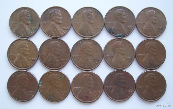 США  1цент  1964-1981г.г.  (погодовка - 15шт.)  буква "D".