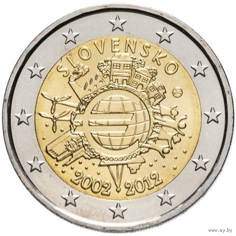 2 евро 2012 Словакия 10 лет наличному евро UNC из ролла