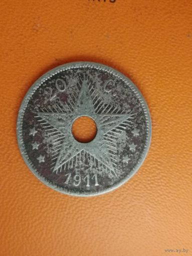 Бельгийское Конго (Колония Бельгии (1909 - 1949) 20 сантимов, 1911 год,  KM# 19