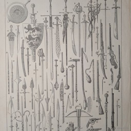 ОРУЖИЕ.  Энциклопедическая гравюра.  кон.19в. 31х24см.  Франция .