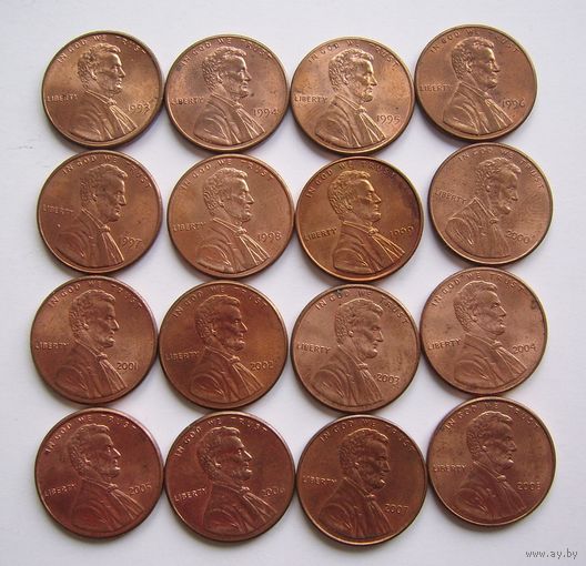 США  1цент  1993-2008г.г.  (погодовка - 16шт.)  б/б