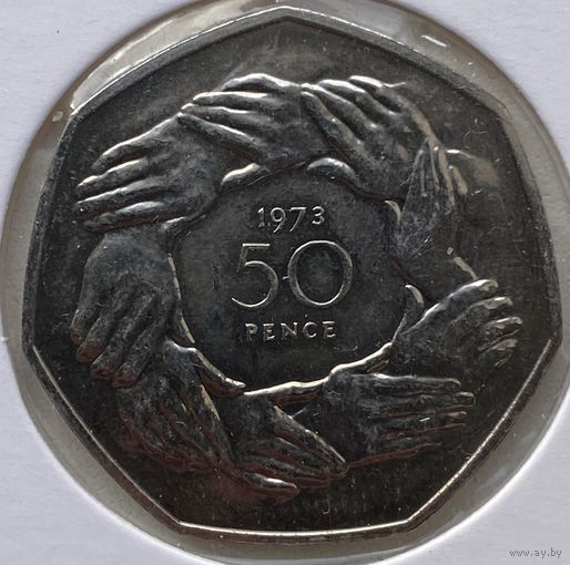 Великобритания 50 пенсов 1973 г. Вступление в Европейское Экономическое Сообщество. В холдере
