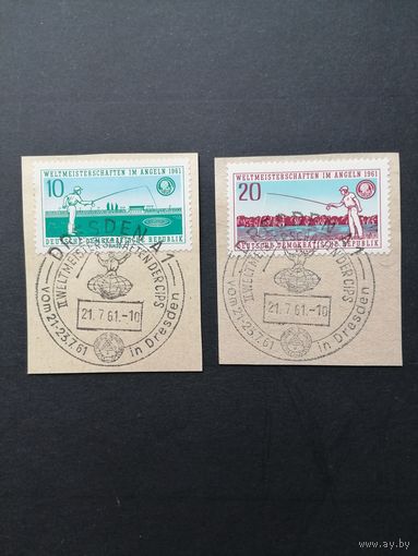 ГДР 1961 Полная серия марок на вырезках "Чемпионат мира по рыбной ловле" (спецгашение) Mi.841-842 каталог 4.50 евро
