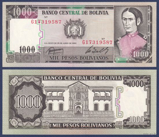 Боливия, 1000 песо 1982 г., P-167a(3) (национальная героиня Асурдуй де Падилья), UNC