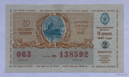 Лотерейный билет ДОСААФ 1987  2 выпуск