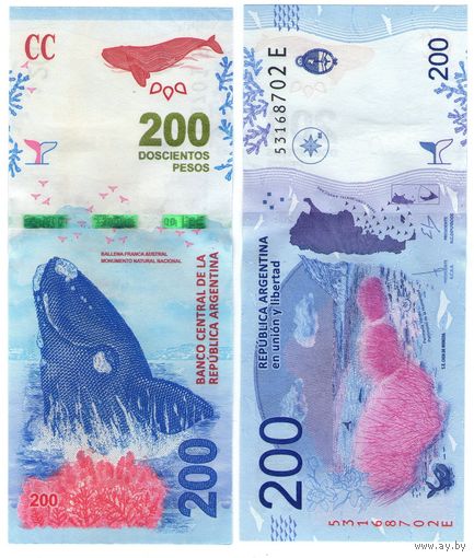 Аргентина 200 песо 2018 год UNC (Южный кит)