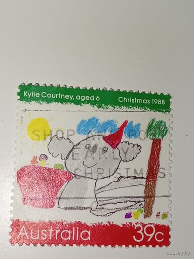 Австралия год 1988.  Рисунок коалы в колпаке Санта-Клауса, созданный 6-летней Кайли Кортни.