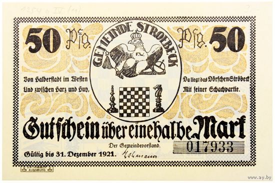 РАСПРОДАЖА!!! - ГЕРМАНИЯ Шахматная Деревня ШТРЁБЕК (САКСОНИЯ-АНХАЛЬТ) 50 пфеннигов 1921 год - UNC!