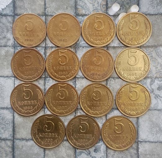 Сборный лот монет СССР 5 копеек 1961,1962, 1980-1991(Л, М) года. Всего 15 штук. Без повторов!