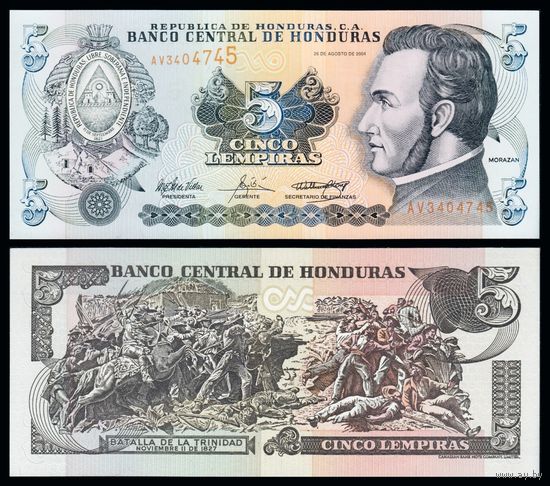 Гондурас 5 лемпира образца 2004 года UNC p85d серия AT